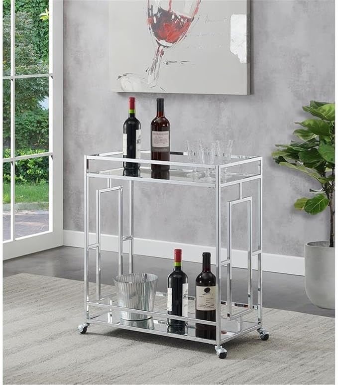 Pemberly Row Modern Bar Cart, Chrome Metal Frame, Contemporary Glam Style - Image 2