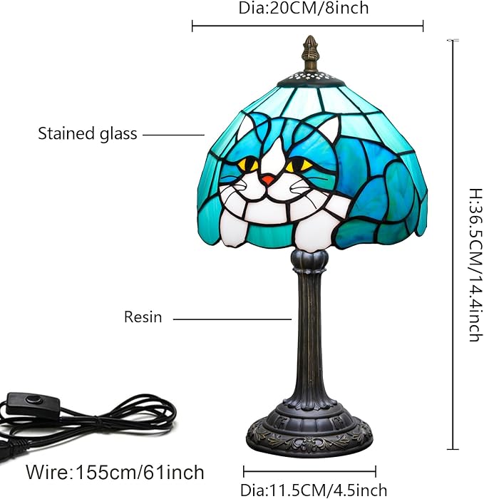Tiffany Lamp Stained Glass Table Lamp 8X8X14 Inches Cat Style Living Room - Image 2