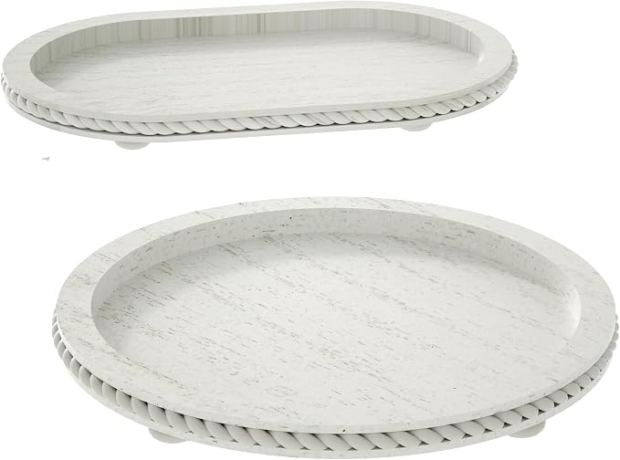 Urban Deco Wooden Tiered Tray, Oval and Round Tray Set of 2, Farmhouse Vintage - Image 8