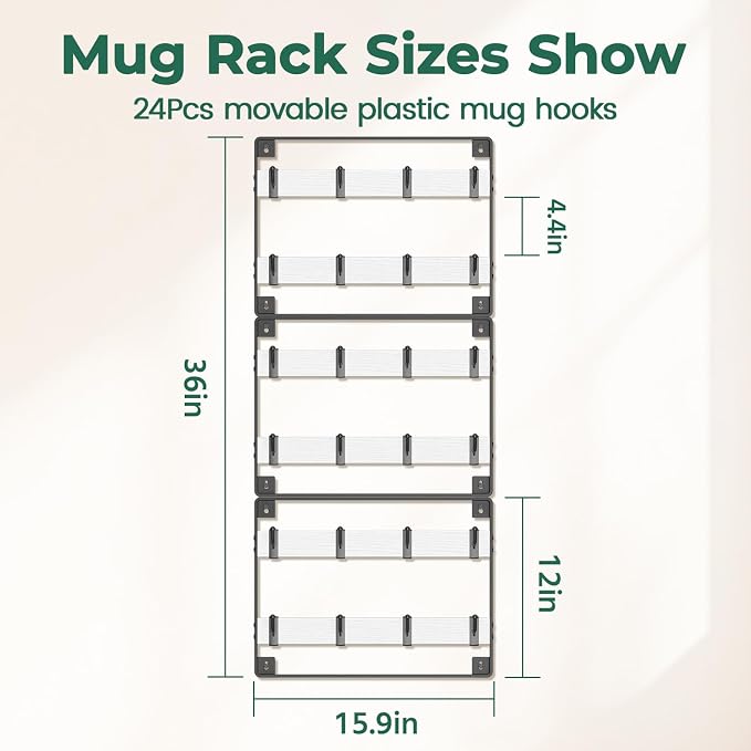 EsLuker.ly Mug Holder Hanger Rack Wall Mounted Wooden 3 Pack Coffee Cup Storage - Image 5