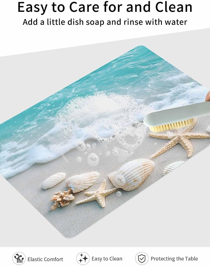 Teal Beige Coffee Mat Beach Starfish Seashell Sand Sea Waves Scenery Absorbent - Image 7
