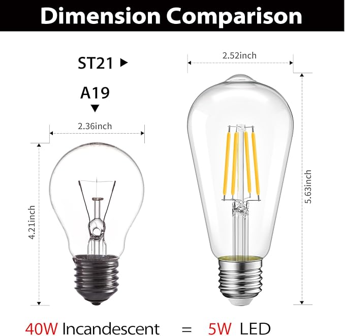 LVWIT ST21 LED Filament Bulb 5W Dimmable 2700K Warm White Vintage Edison Light - Image 2