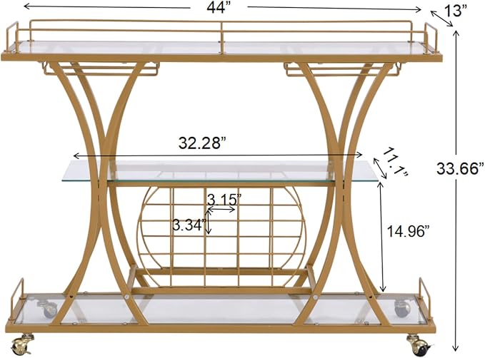 Gold Bar Carts with Glass Holders & Wine Rack, 3 Tier Home Bar Serving Carts - Image 3