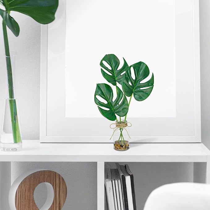 2 Pack Artificial Monstera Leaves in Glass Vase, Small Faux Plants - Image 5