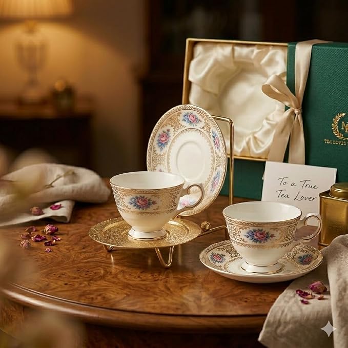 HOHIYA Gold Tea cup and Saucer Display Stand 6 Cup Holder Rack Decorative - Image 9
