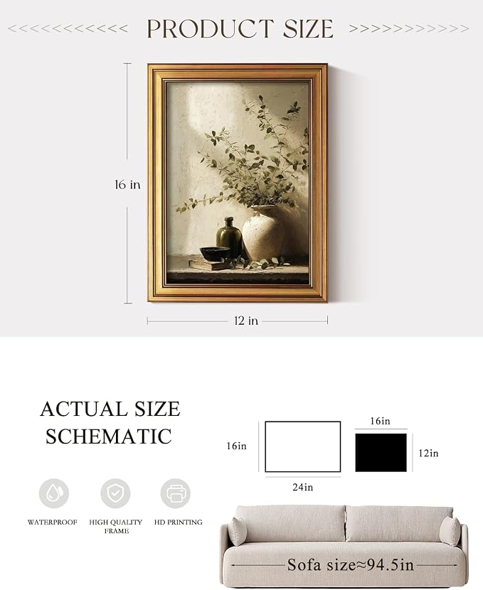 ARPEOTCY Gold Framed Canvas Wall Art, Eucalyptus Leaves Potted Wall Decor - Image 4