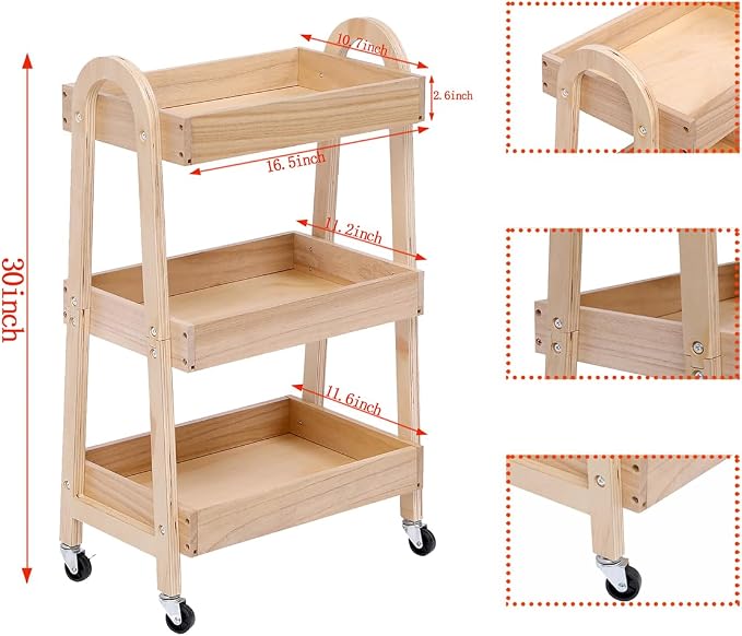 3-Tier Rolling Craft Cart, light-colored wood, Waterproof, - Image 2
