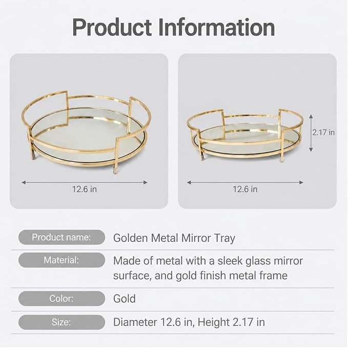 Round 12" Mirror Decor & Golden Tray, Metal Mirror Serving & Glass Vanity & - Image 3