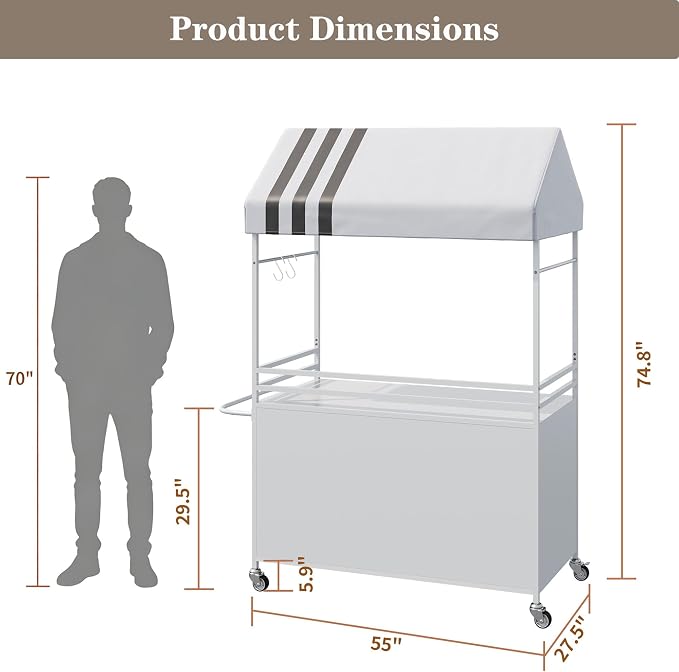Portable Vendor Cart with Canopy, Outdoor Mobile Food Cart with Wheels - Image 4