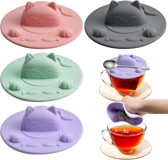 Enenes 4 Pack Silicone Tea Bag Holder and Squeezer, 4 Inch Cat-Shaped Cup Lid by Enenes