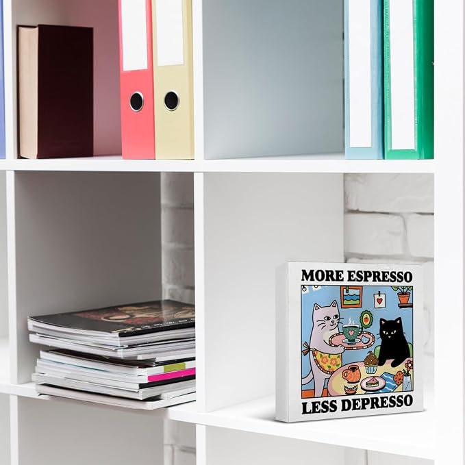 Funny Coffee Cat Decor More Espresso Less Depresso Wood Block Sign, 5 x 5 Inches - Image 5