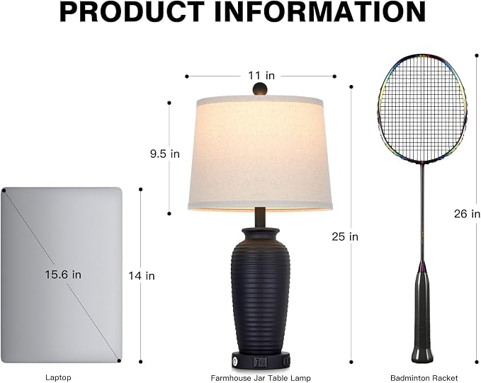 CINSARY 25" Retro Black Farmhouse Jar Table Lamps, 3 Way Touch Control Rustic - Image 2