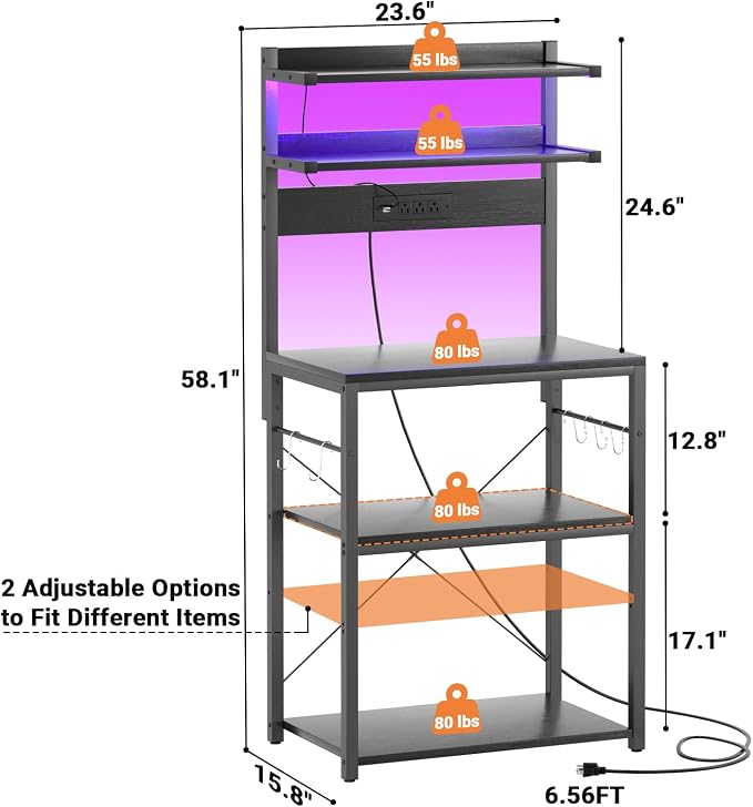 Aheaplus Bakers Rack with Power Outlet, Microwave Stand, 5 Tiers Coffee Bar - Image 7