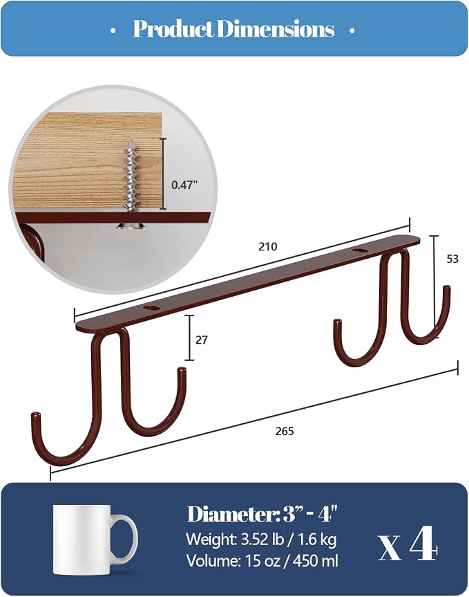 Luckinow Mug Hooks Under Cabinet 3 Pack, Coffee Cup Hooks - Image 5