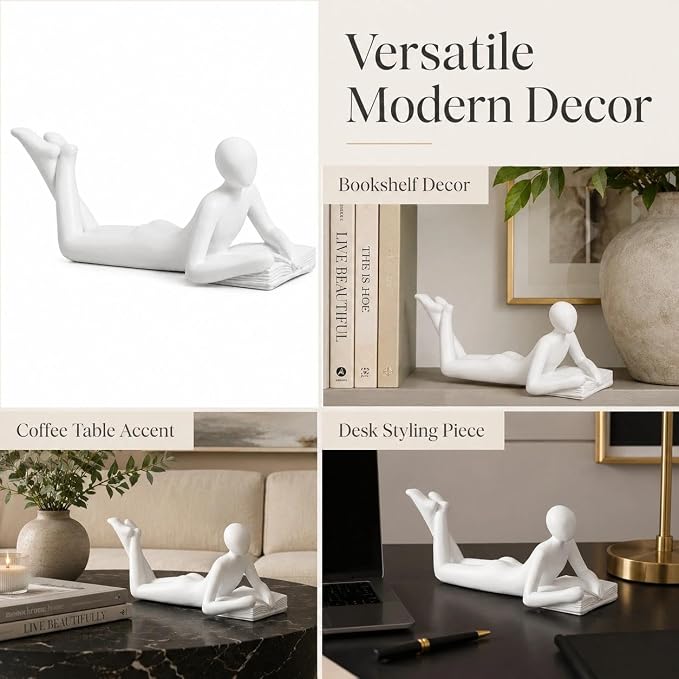 White Reading Statue Style A, Abstract Reader Figurine, Resin Book Decor - Image 4
