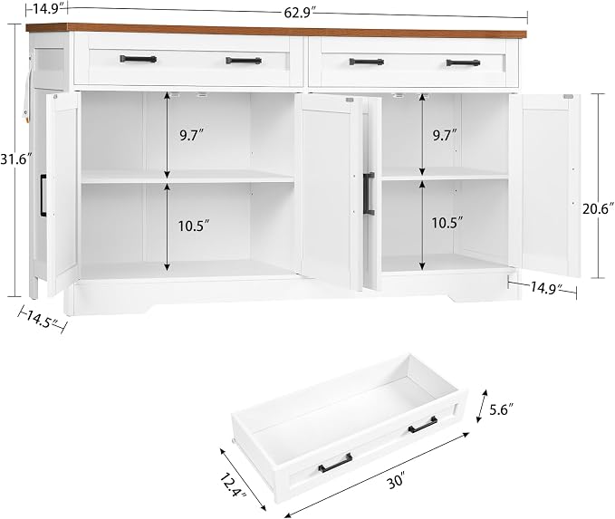 usikey 63" Buffet Cabinet with Storage, Large Sideboard Buffet Cabinet with 2 - Image 3