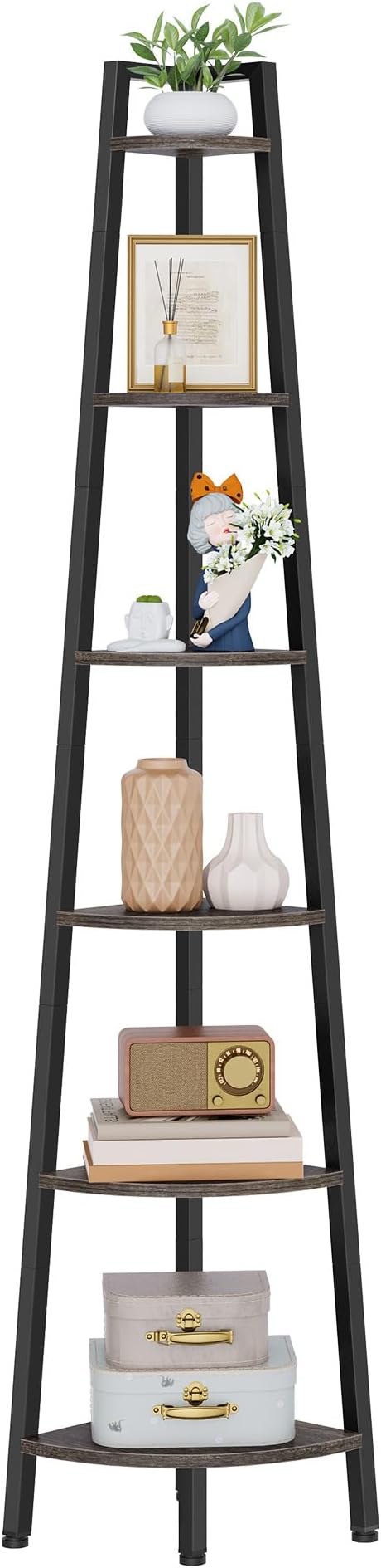 Hoctieon Corner Shelf, 6-Tier Corner Bookshelf, Rustic Ladder Shelf, Industrial - Image 8