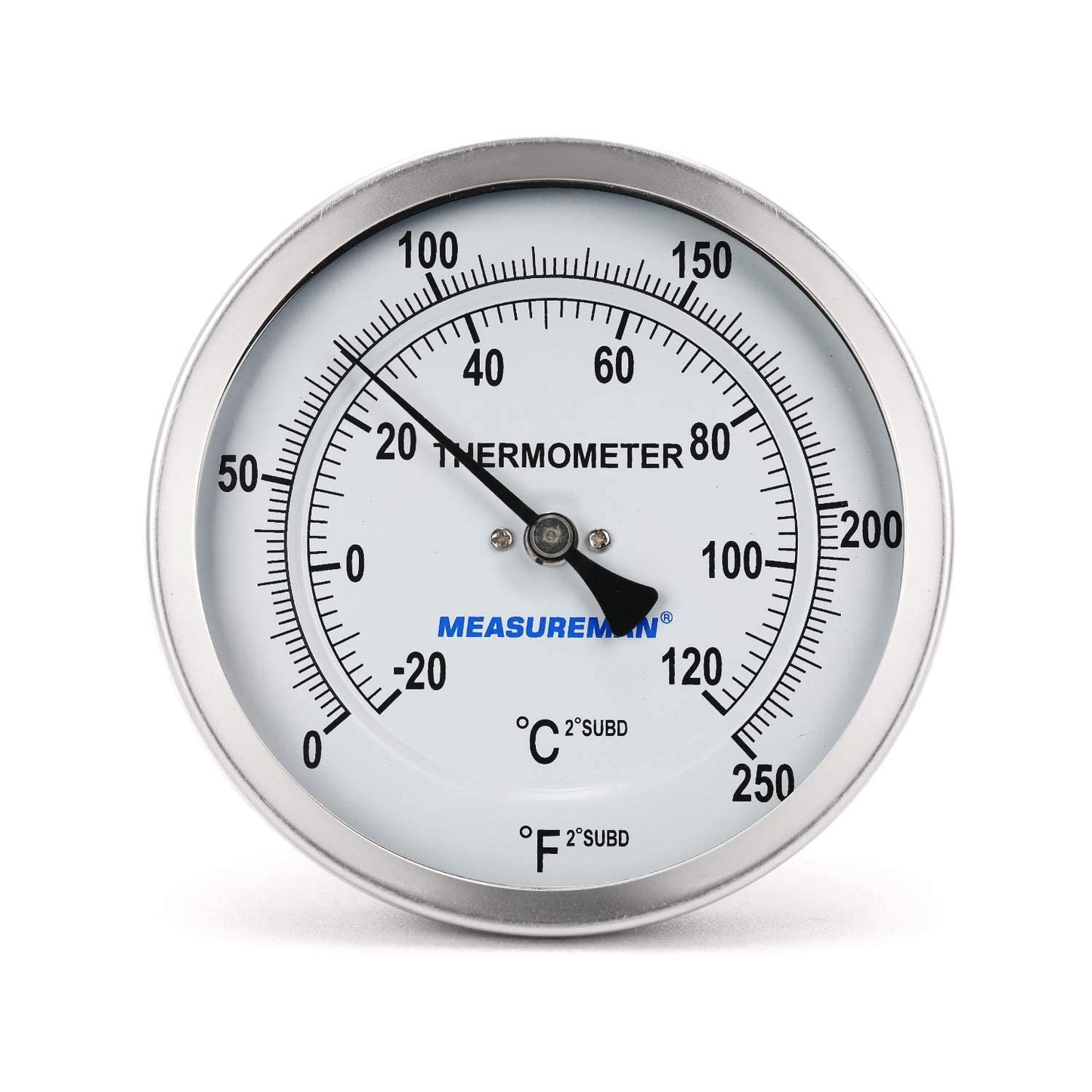 MEASUREMAN Fully Stainless Steel Pot, Kettle, Brewing Bimetal Dial Thermometer, 3" Dial, 6" Stem, 0-250 deg F/-20-120 deg C, -1% Accuracy, Adjustable, 1/2" NPT Back Mount