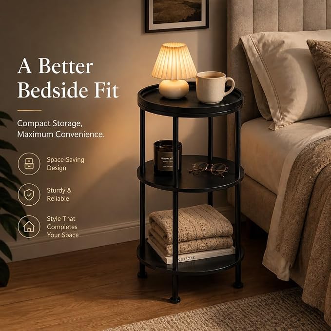 Small Round Side Table with Tray Top, 3-Tier Black End Table - Image 7