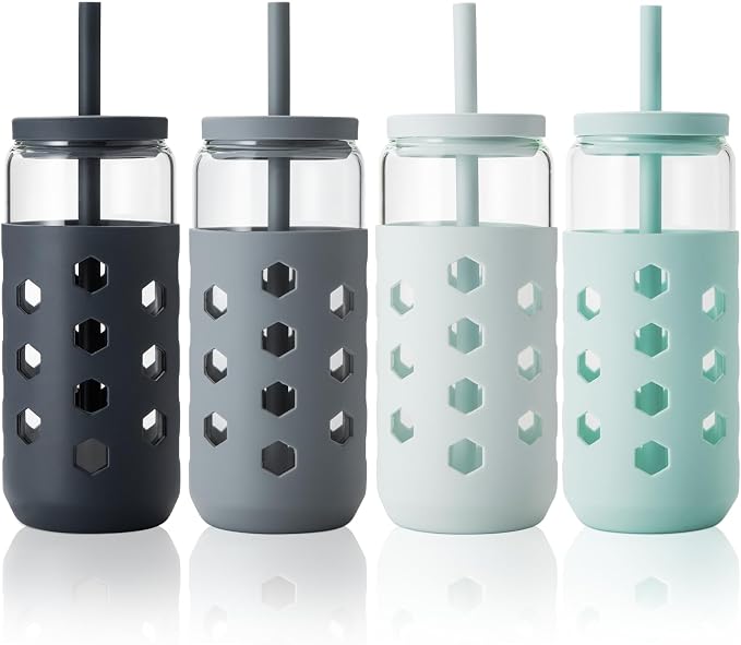 Mrsdry Glass Cups with Lids and Straws, 20oz Drinking Glasses Set with Silicone by Mrsdry