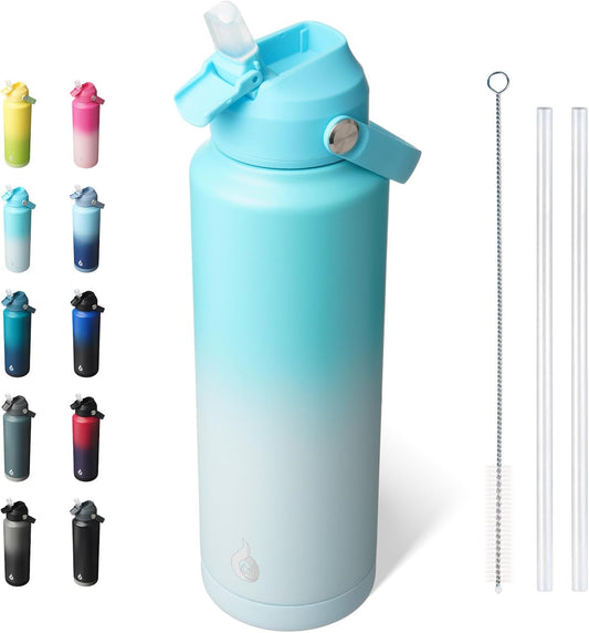 BJPKPK Insulated Water Bottle with Straw Lid, 40oz Large Thermos, BPA Free Leak Proof Stainless Steel Metal Water Bottles, Tumblers, Cups, Flasks for Travel, Sports,Sea Salt