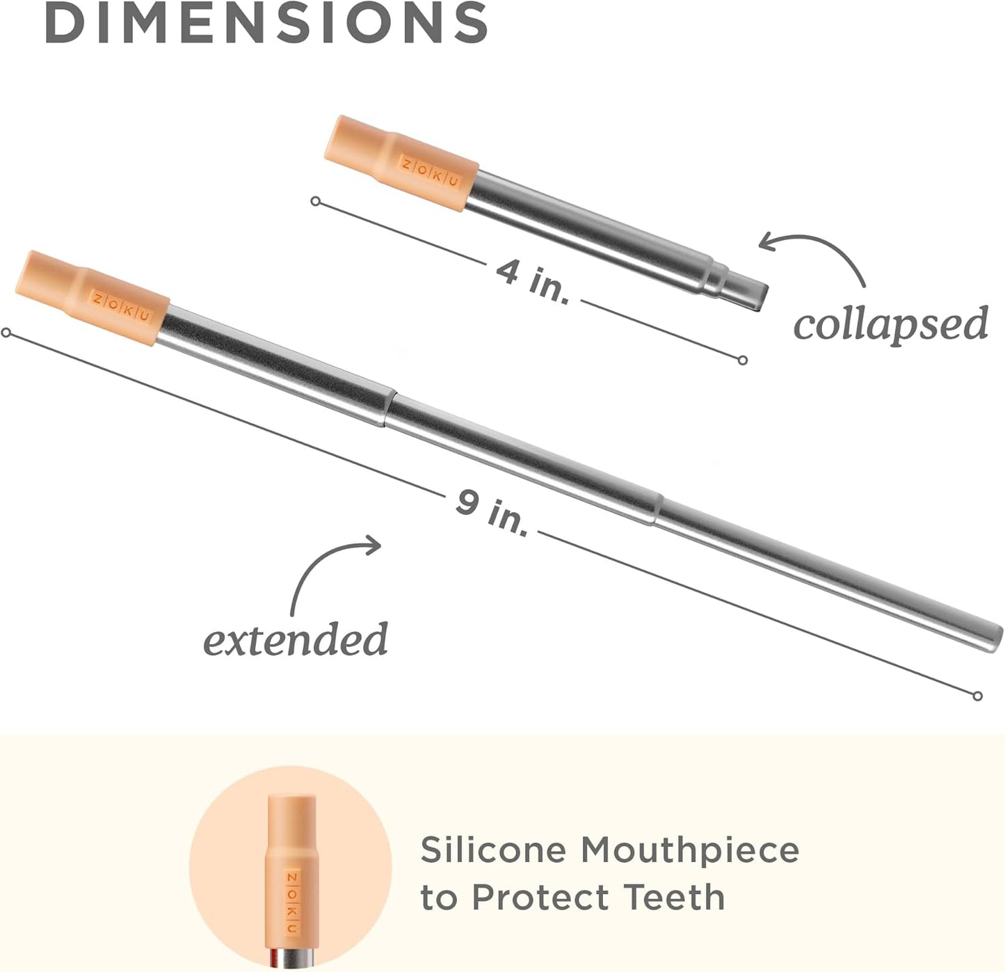 ZOKU Reusable Metal Straw with Case for Travel, Orange - Collapsible Stainless Steel Drinking Straw with Silicone Tip and Cleaner Brush, Ideal for Key Chains, Pockets, Purses
