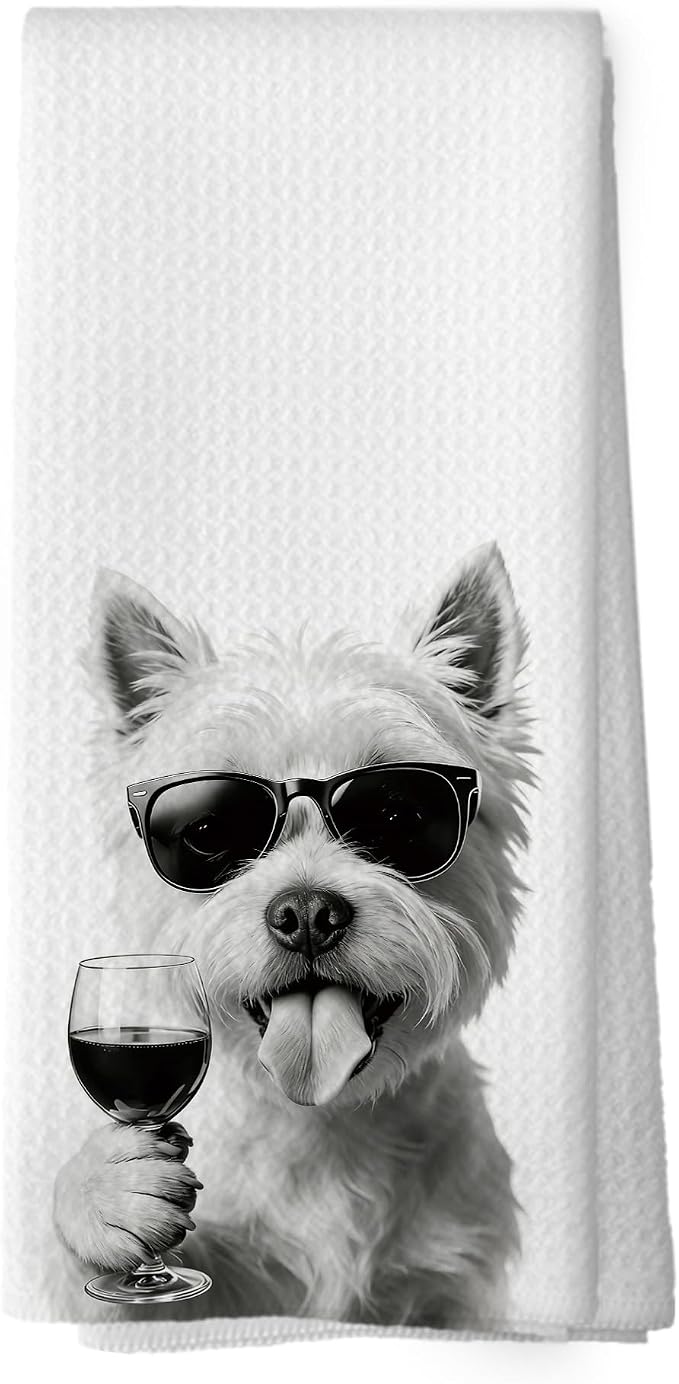 Funny Westie Dog Wine Bar Kitchen Dish Towels, Westie Dog Gifts by XPH