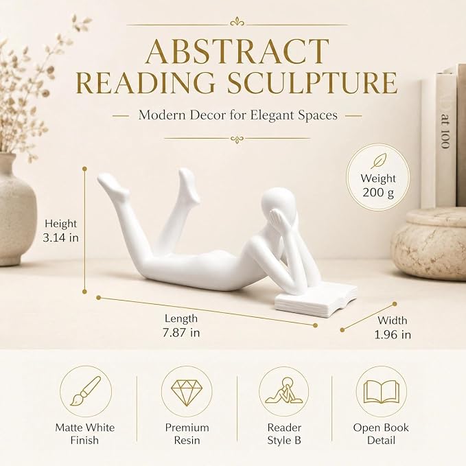 White Reading Statue Style B, Abstract Reader Figurine, Resin Book Decor - Image 2