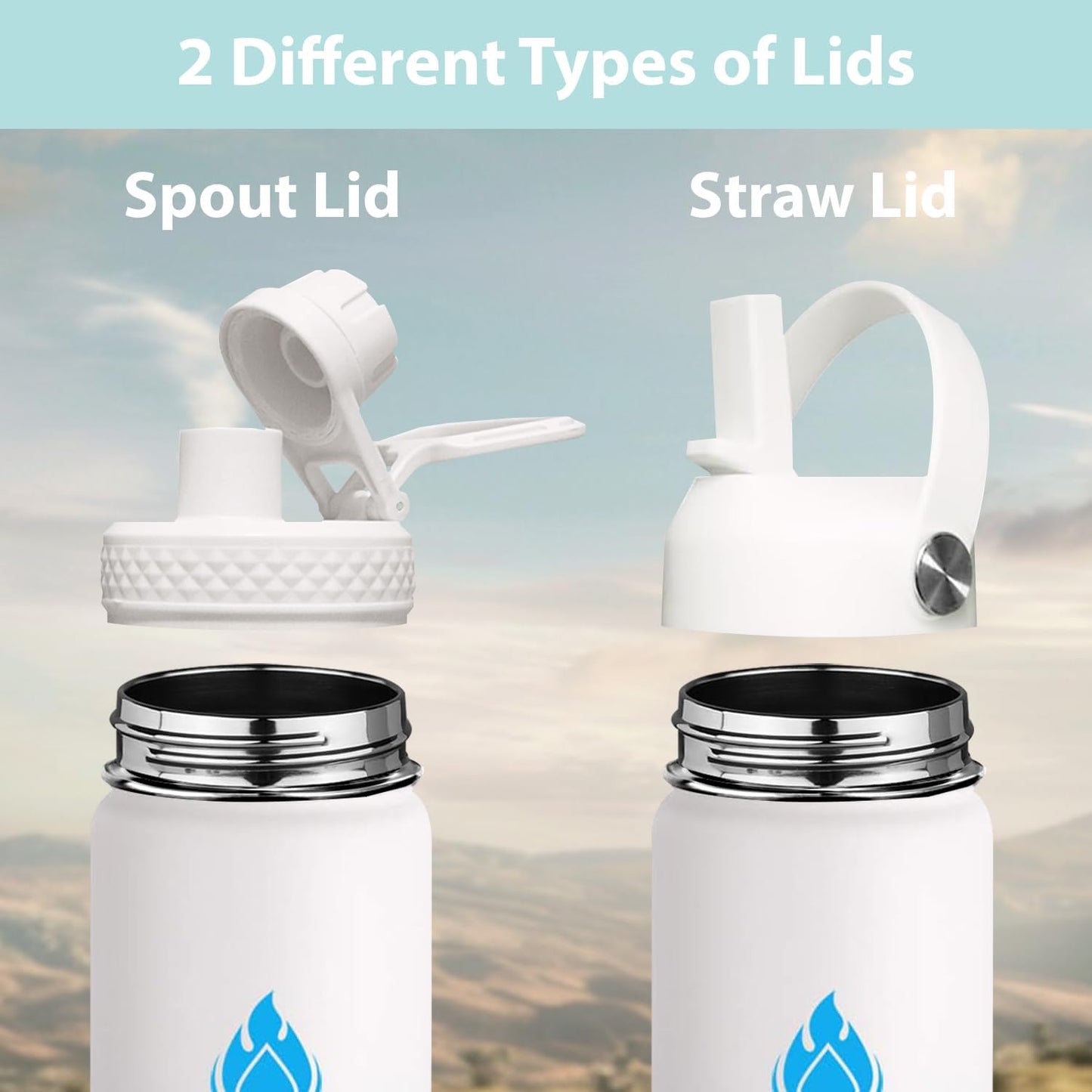 SENDESTAR Water Bottle 40oz Double Wall Vacuum Insulated Leak Proof Stainless Steel Sports Water Bottle—Wide Mouth with New Flex Straw Lid & Spout Lid (White&Tiffany)
