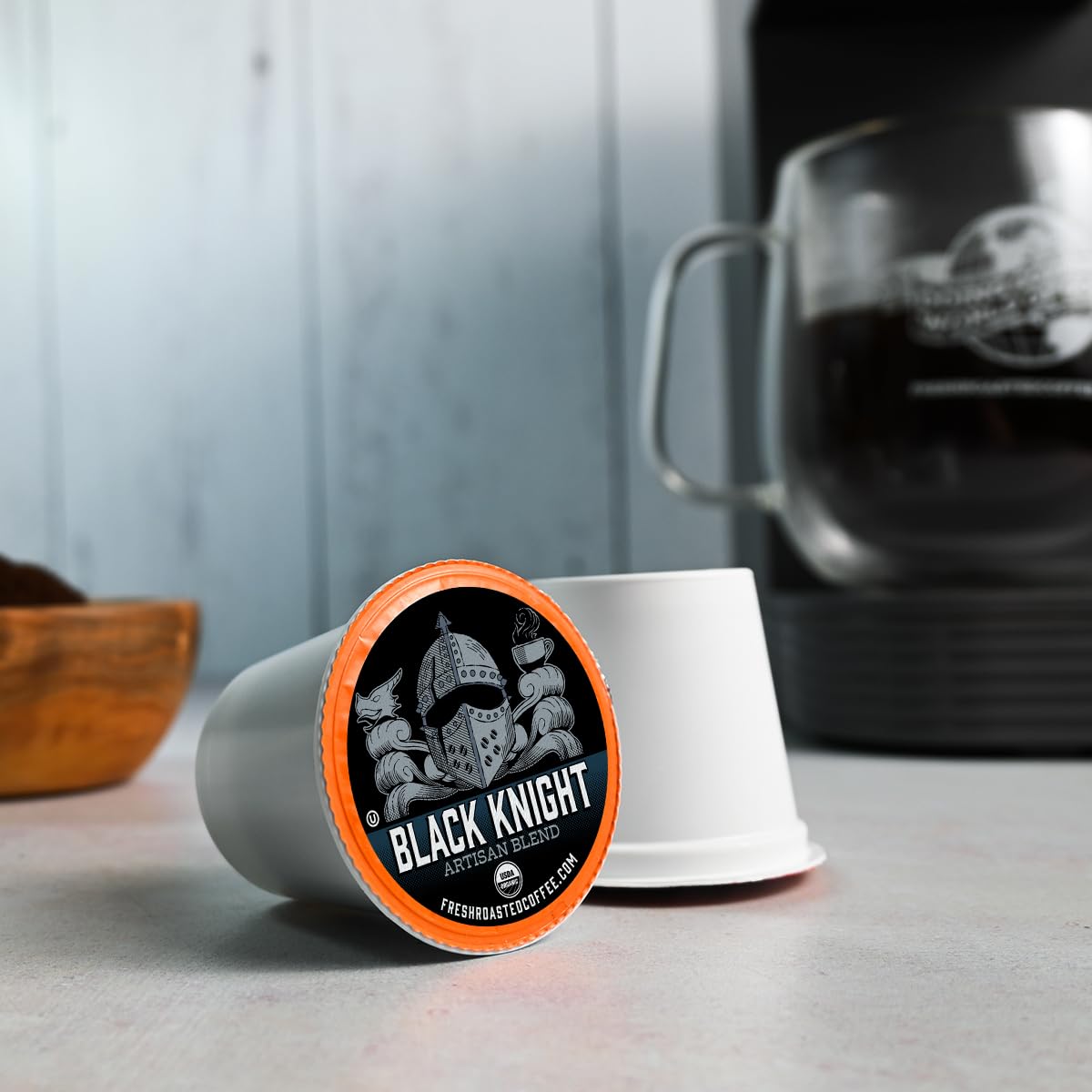 Fresh Roasted Coffee, Organic Black Knight | USDA Organic, Kosher | Dark Roast 72 Pods for K Cup Brewers