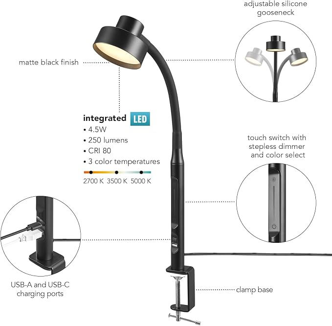 Globe Electric 62000036 15" LED Integrated Clamp Desk Lamp, Matte Black - Image 5