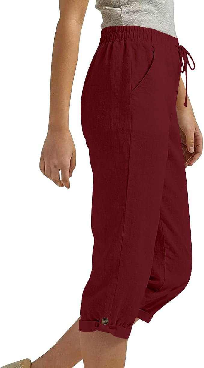 Drawstring Capri Linen Pants Women Elastic Waist Straight Leg Pant Summer Beach - Image 2