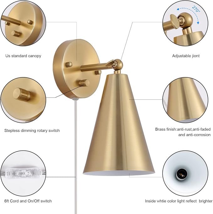 MWZ Gold Wall Sconces Set of Two Plug in, Brass Modern Dimmable Sconces - Image 5