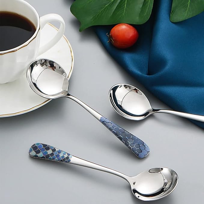 Stainless Steel Coffee Round Spoon, Korean Dessert Spoons, Hexagonal Pattern - Image 5