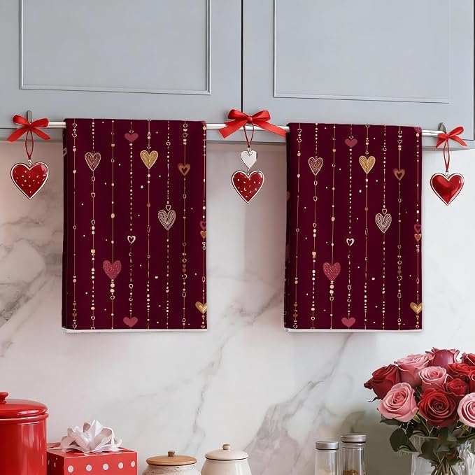 Hearts Kitchen Towels Set of 4, Romantic Modern Strings Dots Valentine's Day - Image 5