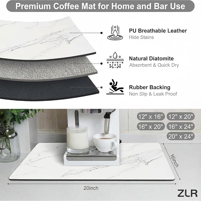ZLR Coffee Bar Mat for Coffee Station, Marble White | Absorbent Dish Drying Mat - Image 2
