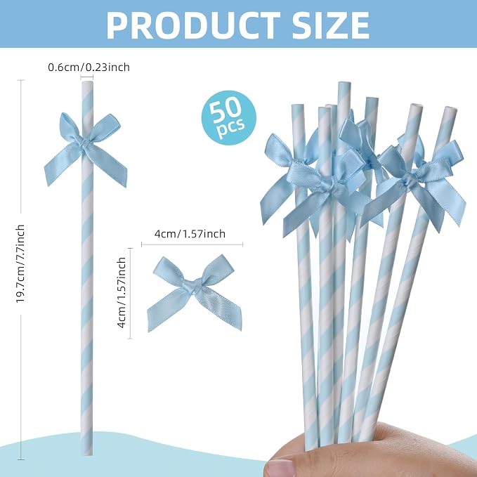 50pcs Blue Bow Straw, 7.7inch Biodegradable Cute Girly Paper Cake Pops Treat - Image 2