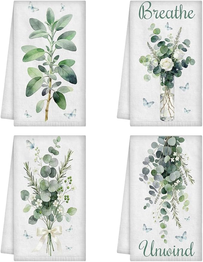 WADORN 4Pcs Sage Green Eucalyptus Leaves Kitchen Towels, Funny Breathe Unwind by WADORN