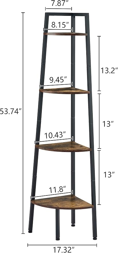 Hoctieon Corner Shelf, 4-Tier Corner Bookshelf, Rustic Ladder Shelf, Industrial - Image 2
