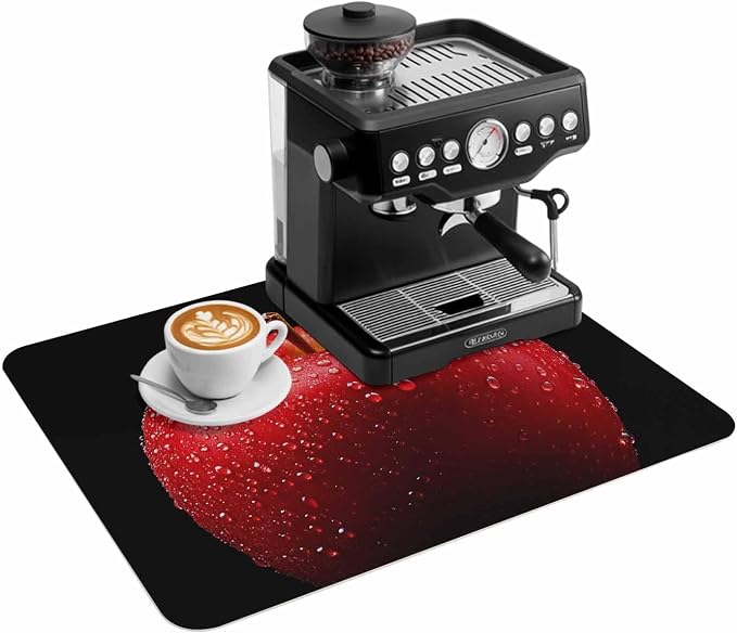 Coffee Mat 12x20in, Coffee Maker Pad Red Apples on Black Absorbent Non-slip by ZFUNCING