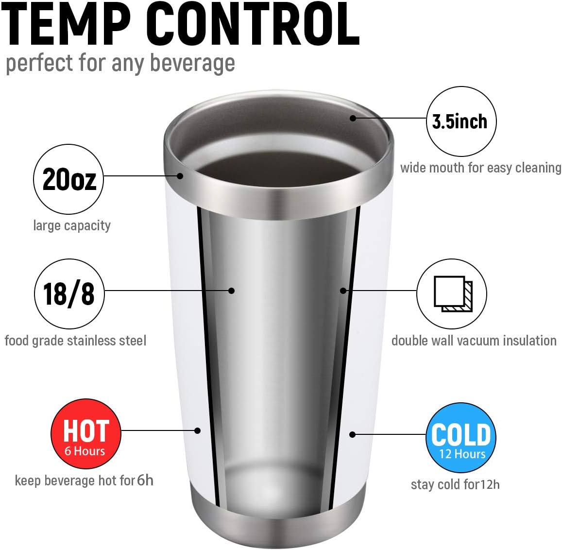 COMOOO 20oz/8Pack White Tumbler Double Wall Vacuum Insulated Coffee Travel Mug Stainless Steel Tumbler Bulk with Lid and Straw Powder Coated Insulated Coffee Cup for Cold & Hot Drinks (White, 8 Pack)