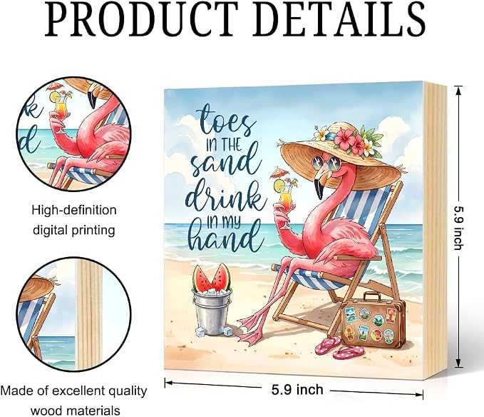 In My Hand Toes In The Sand Flamingo Woodblock Plaque Box Sign - Image 2
