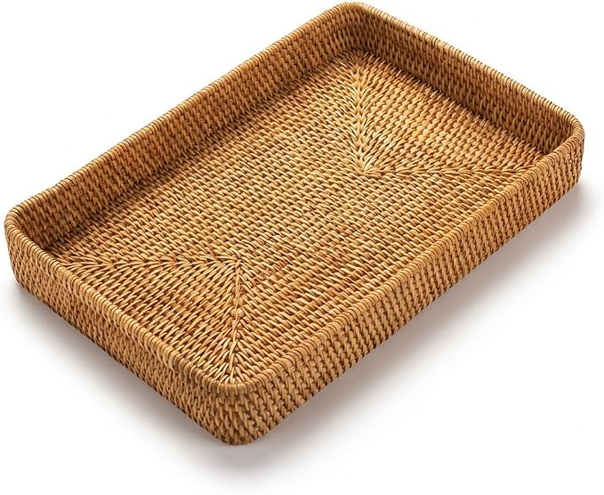 14.6" x 9.1" Large Wicker Storage Tray, Natural Rattan Basket Decorative by YANGQIHOME