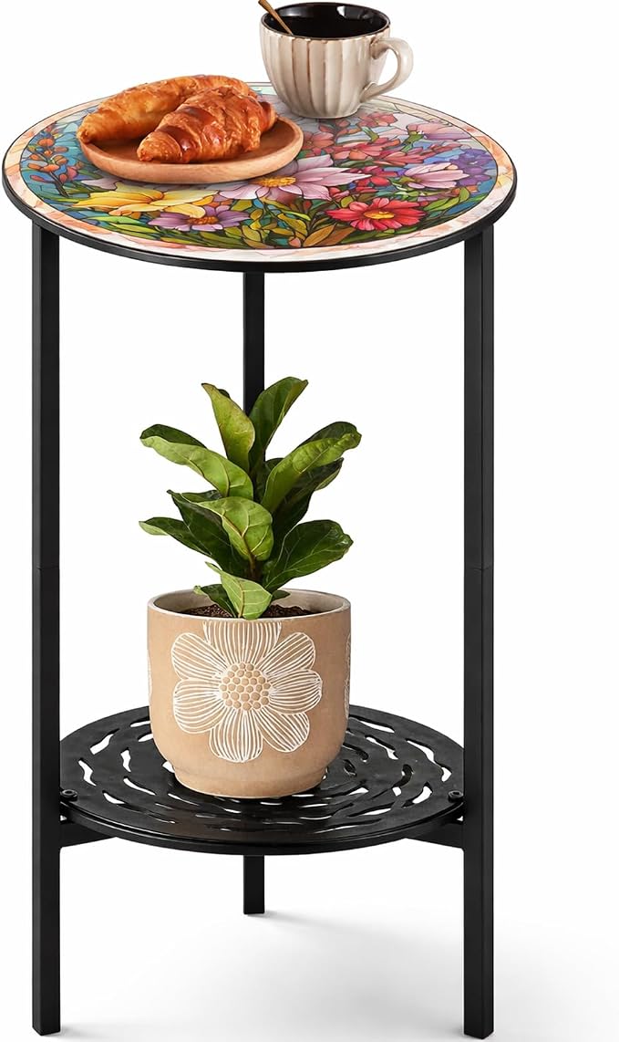 2-Tier Metal Round Side Table Accent Coffee Tables Small Space Corner Plant - Image 9