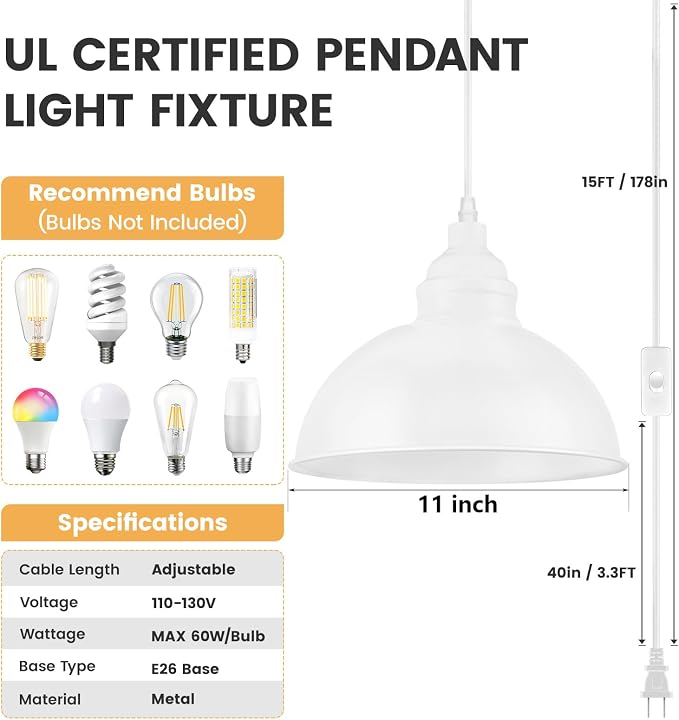 Plug in Pendant Light, 15FT Hanging Lights - Image 3