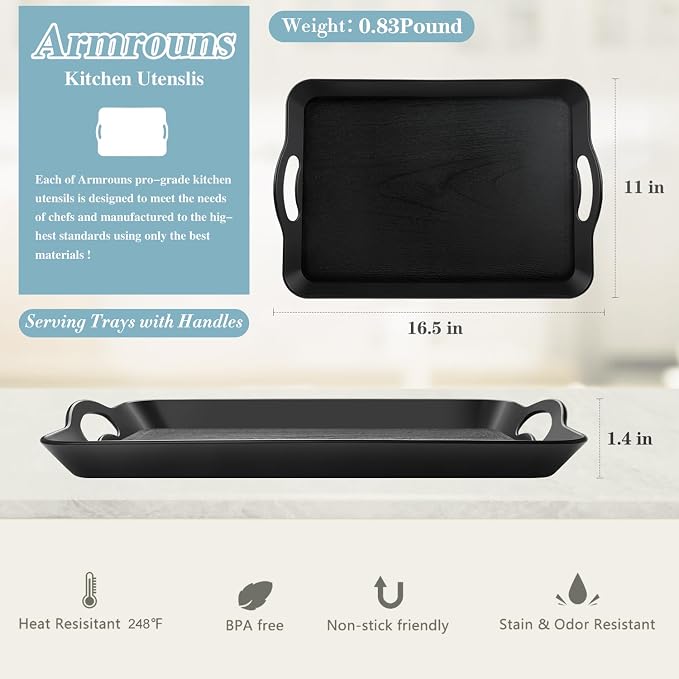 Black Serving Trays with Handles, 16 x 11 inch Rectangular Non Skid - Image 6