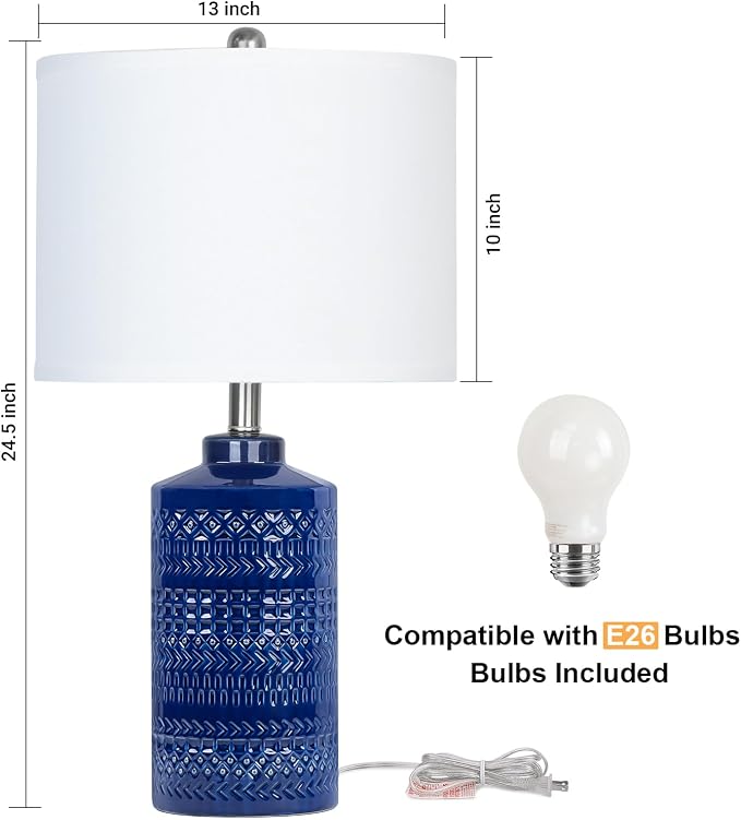 JUNNAI 24.5" Navy Blue Table Lamp Modern Bedside Ceramic Lamps - Image 2