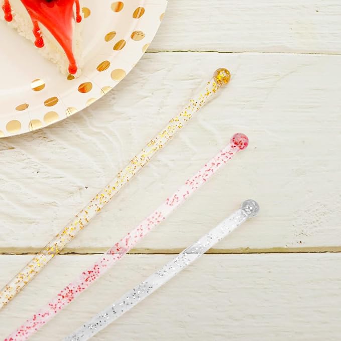 hapray 100-PCS Gold Silver Red Glitter Plastic Swizzle Sticks, Crystal Cake Pops - Image 3