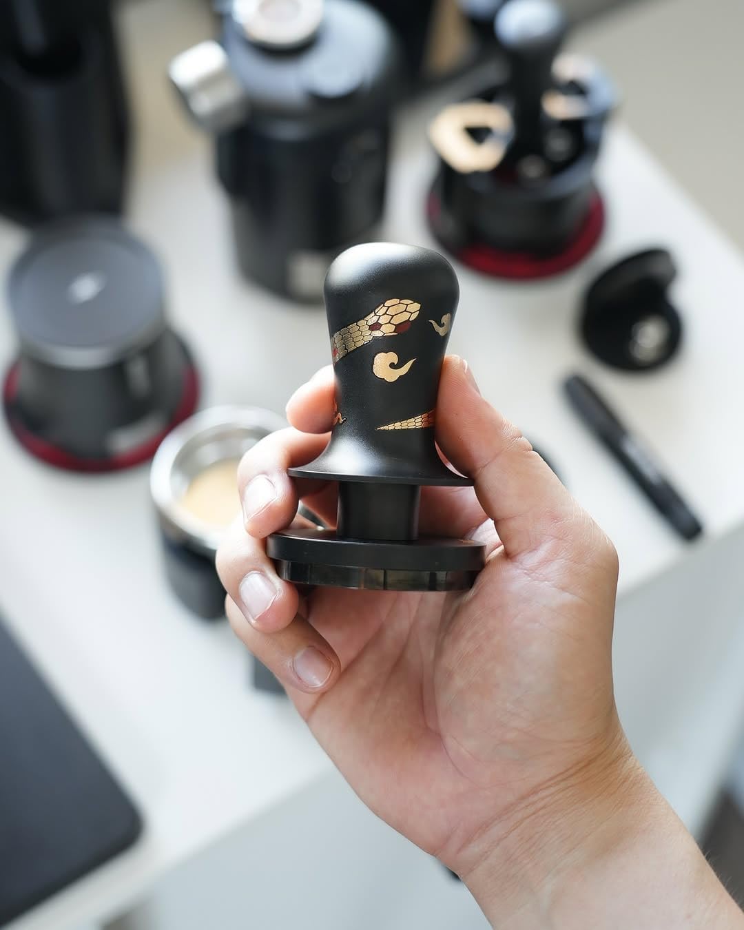 MHW-3BOMBER 58.35mm Espresso Tamper New Year Edition Snake Pattern - 3 Spring Loaded Coffee Tamper with Sound Feedback - Barista Tamper Tool - Ergonomic Handle Ripple Base T6079TS-OS