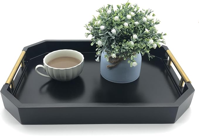 Serving Tray with Polished Metal Handles, Hexagon Coffee Table Tray, Modern - Image 2